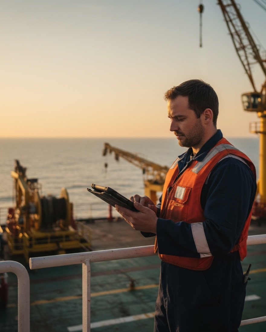 Marine engineer at the rail of an offshore vessel at dawn, reviewing a drafted report on a tablet